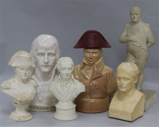 A tinglaze pottery bust of Napoleon Bonaparte, a biscuit bust of Nelson? four composition busts and a figure of Napoleon